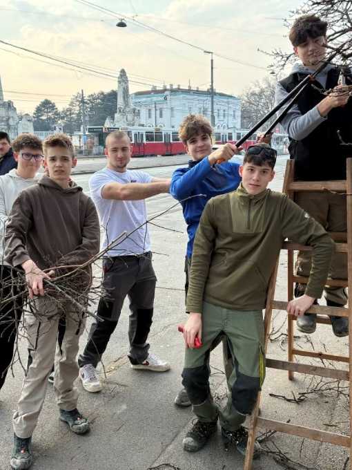 Schülergruppe beim Schneiden