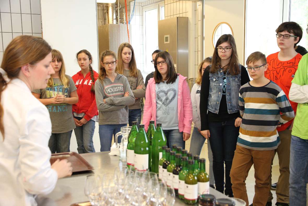 Schülerinnen bekommen den Vorgang der Obstverarbeitung an Hand von Saft erklärt.