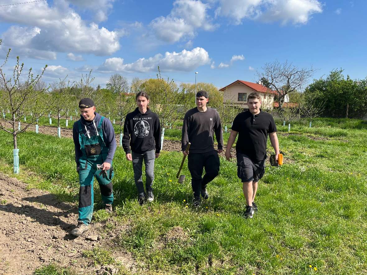 Schülergruppe nach dem Pflanzen