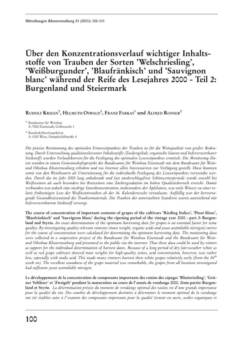 Über den Konzentrationsverlauf wichtiger Inhaltsstoffe von Trauben der Sorten „Welschriesling“, „Weißburgunder“, „Blaufränkisch“ und „Sauvignon blanc“ während der Reife des Lesejahres 2000 – Teil 2: Burgenland und Steiermark