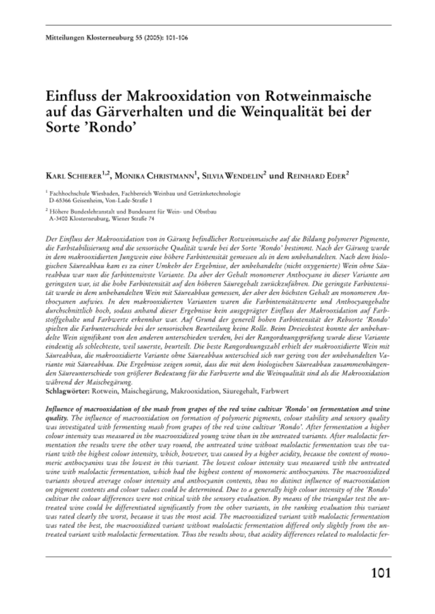 Einfluss der Makrooxidation von Rotweinmaische auf das Gärverhalten und die Weinqualität bei der Sorte 'Rondo'