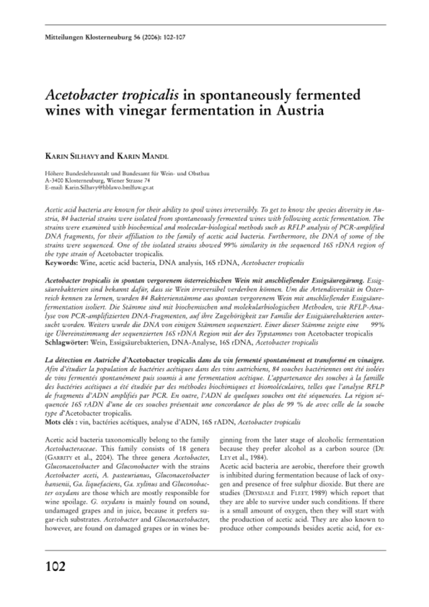 Acetobacter tropicalis in spontaniously fermented wines with vinegar fermentation in Austria