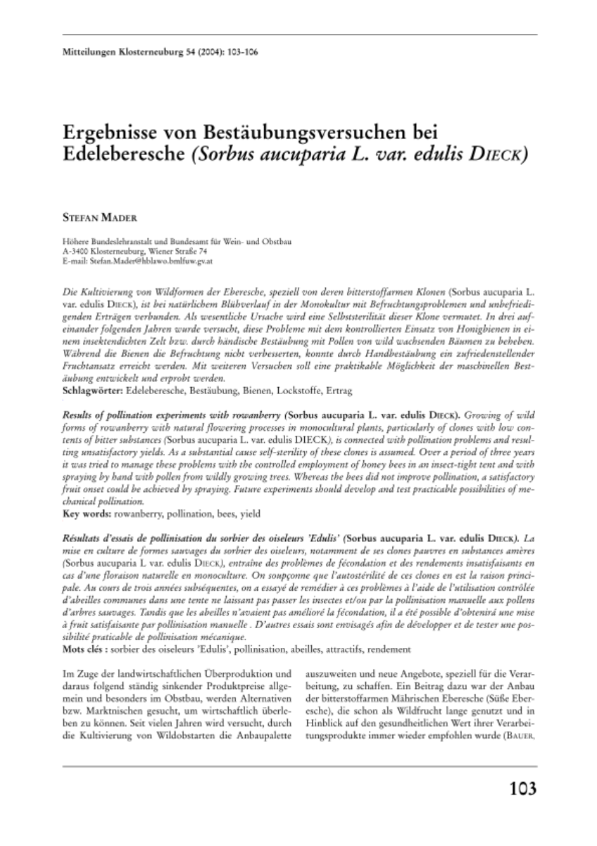 Ergebnisse von Bestäubungsversuchen bei Edeleberesche (Sorbus aucuparia L. var. edulis DIECK)