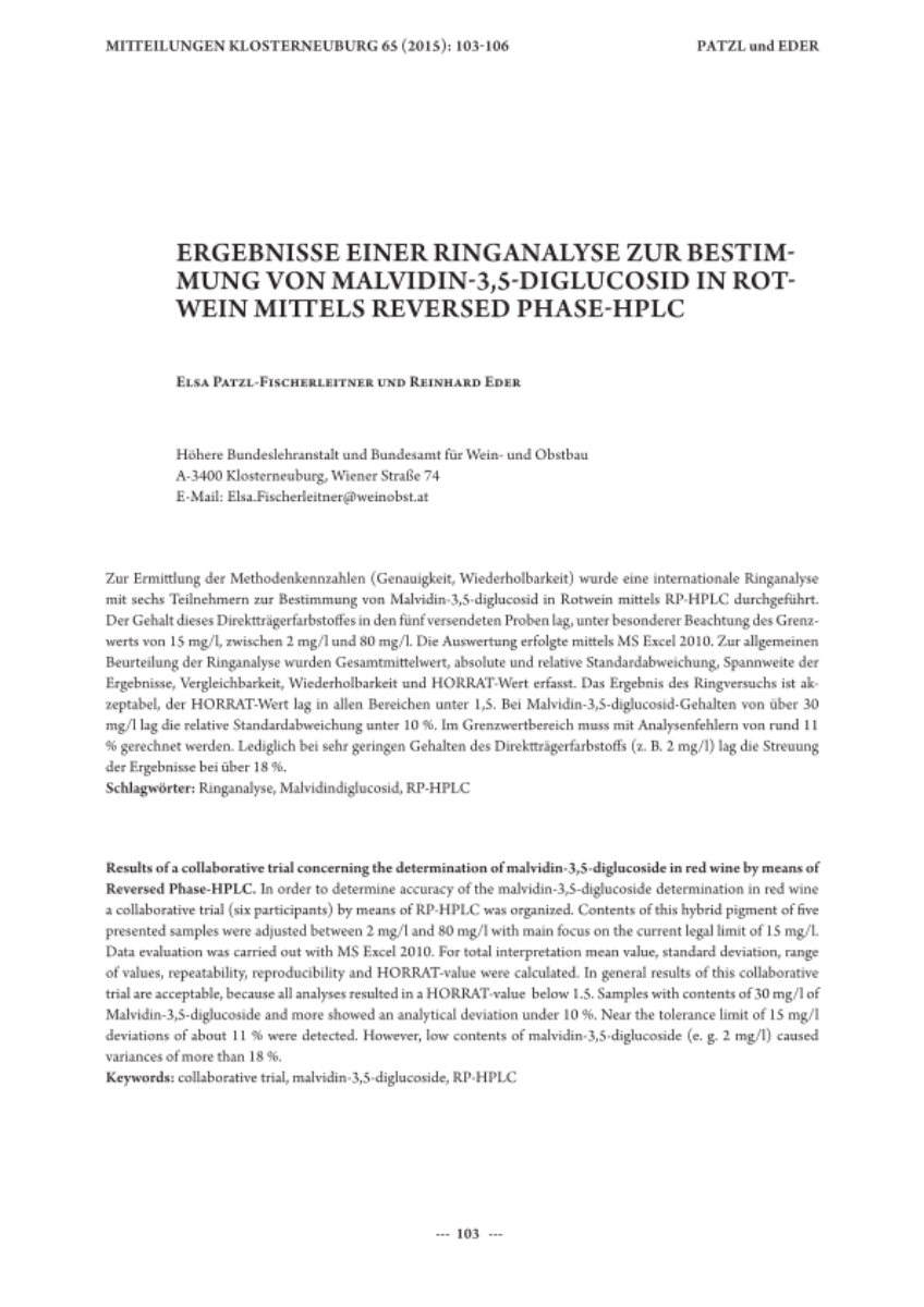 Ergebnisse einer Ringanalyse zur Bestimmung von Malvidin-3,5-diglucosid in Rotwein mittels Reversed Phase-HPLC