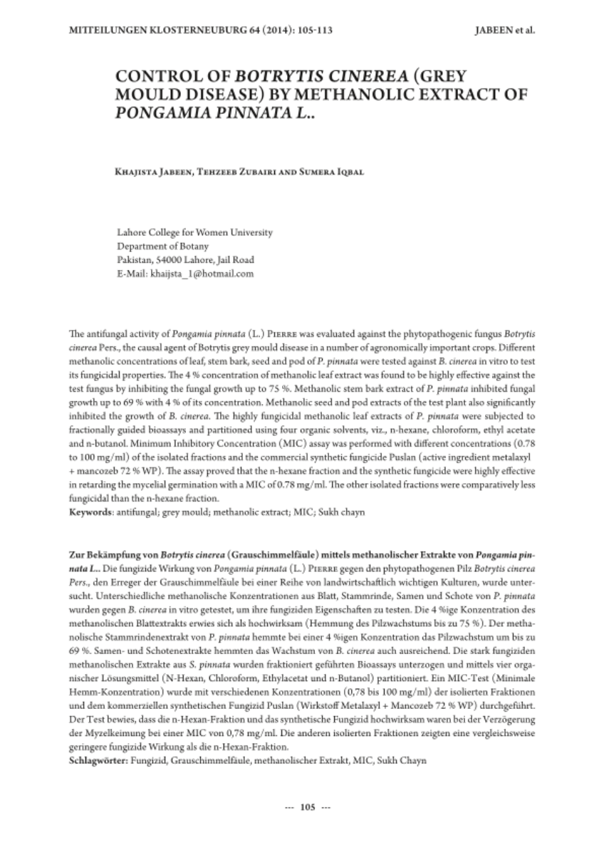 Control of botrytis cinerea (grey mould disease) by methanolic extract on pongamia pinnata L..