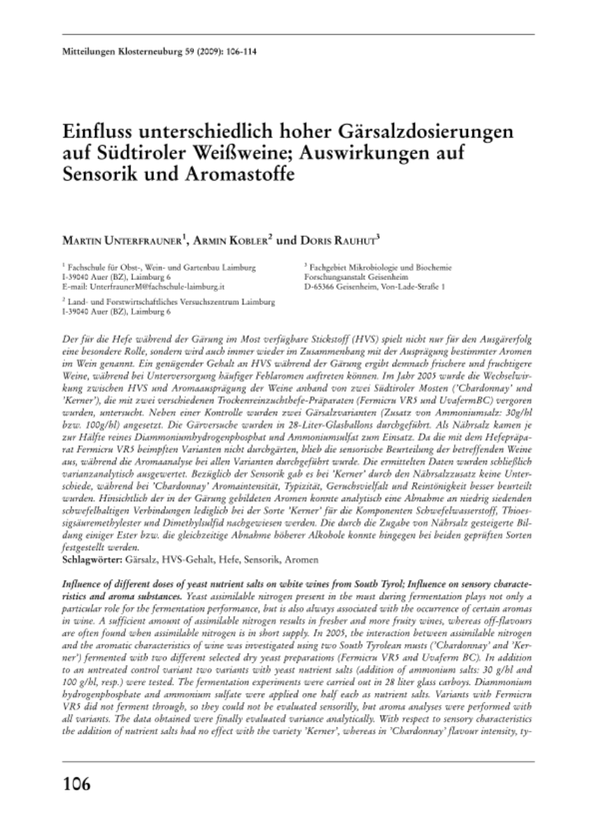 Einfluss unterschiedlicher hoher Gärsalzdosierungen auf Südtiroler Weißweine; Auswirkungen auf Sensorik und Aromastoffe