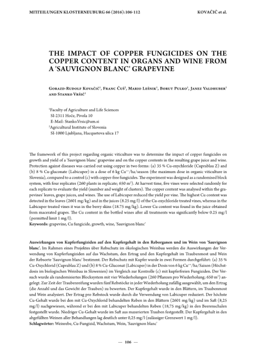 The impact of copper fungicides on the copper content in organs and wine from a 'Sauvignon blanc' grapevine