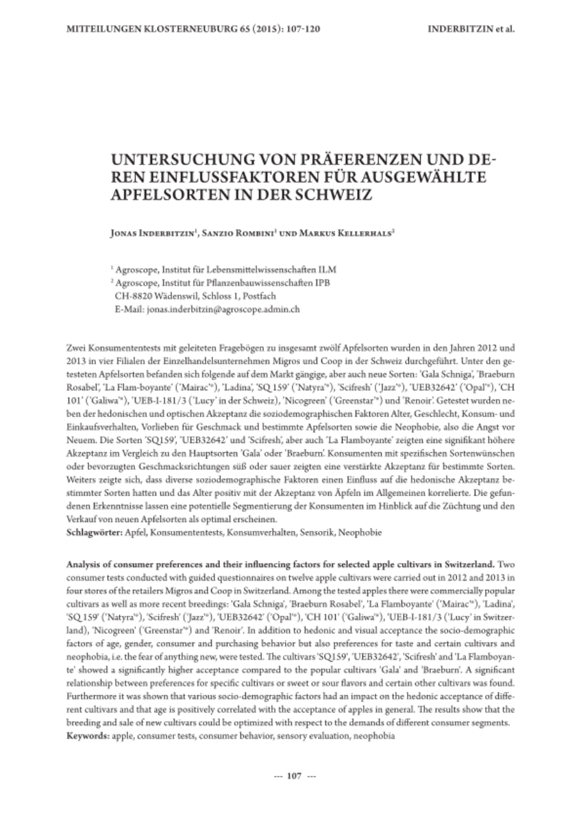 Untersuchung von Präferenzen und deren Einflussfaktoren für ausgewählte Apfelsorten in der Schweiz