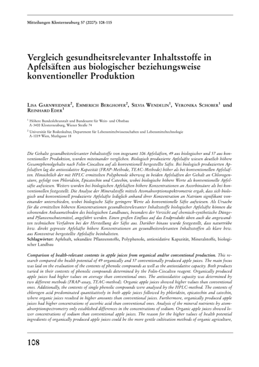 Vergleich gesundheitsrelevanter Inhaltsstoffe in Apfelsäften aus biologischer, beziehungsweise konventioneller Produktion