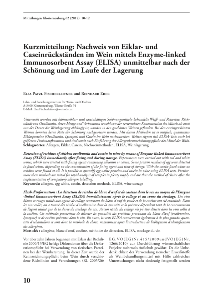 Kurzmitteilung: Nachweis von Eiklar- und Caseinrückständen im Wein mittels Enzyme-linked Immunosorbent Assay (ELISA) unmittelbar nach der Schönung und im Laufe der Lagerung