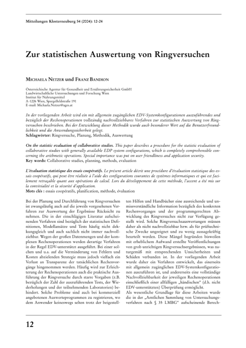 Zur statistischen Auswertung von Ringversuchen 