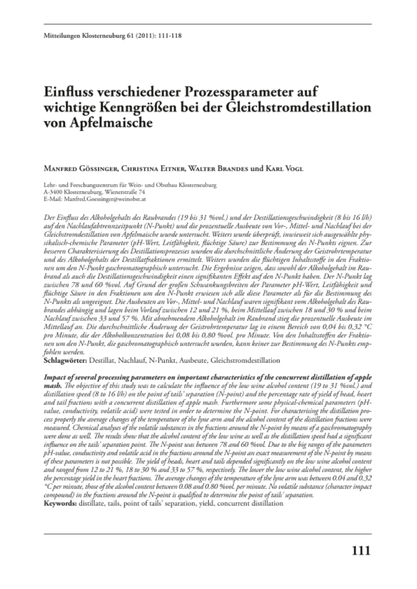 Einfluss verschiedener Prozessparameter auf wichtige Kenngrößen bei der Gleichstromdestillation von Apfelmaische