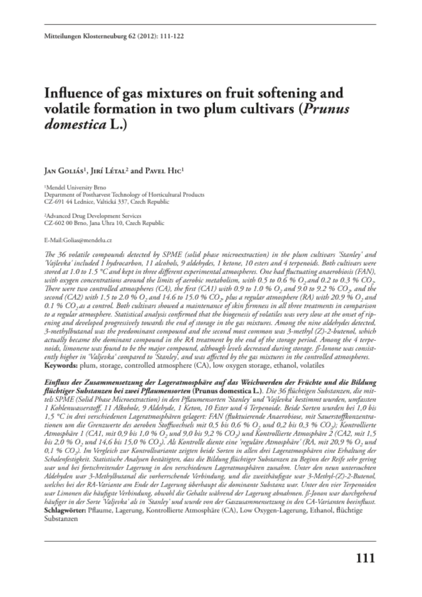 Influence of gas mixtures on fruit softening and volatile formation in two plum cultivars (Prunus domestica)