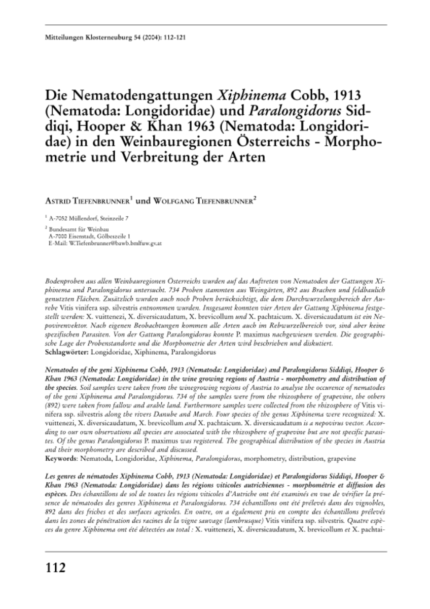 Die Nematodengattungen Xiphinema Cobb, 1913 (Nematoda: Longidoridae) und Paralongidorus Sidiqi, Hooper & Khan 1963 (Nematoda: Longidoridae) in den Weinbauregionen Österreichs - Morphometrie und Verbreitung der Arten