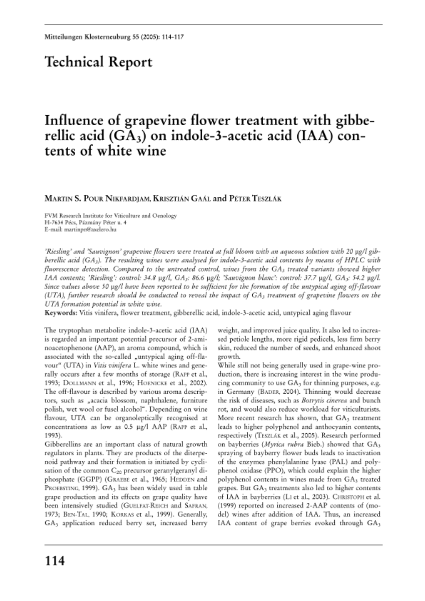 Influence of grapevine flower treatment with gibberellic acid (GA3) on indole-3-acetic acid (IAA) contents of white wine