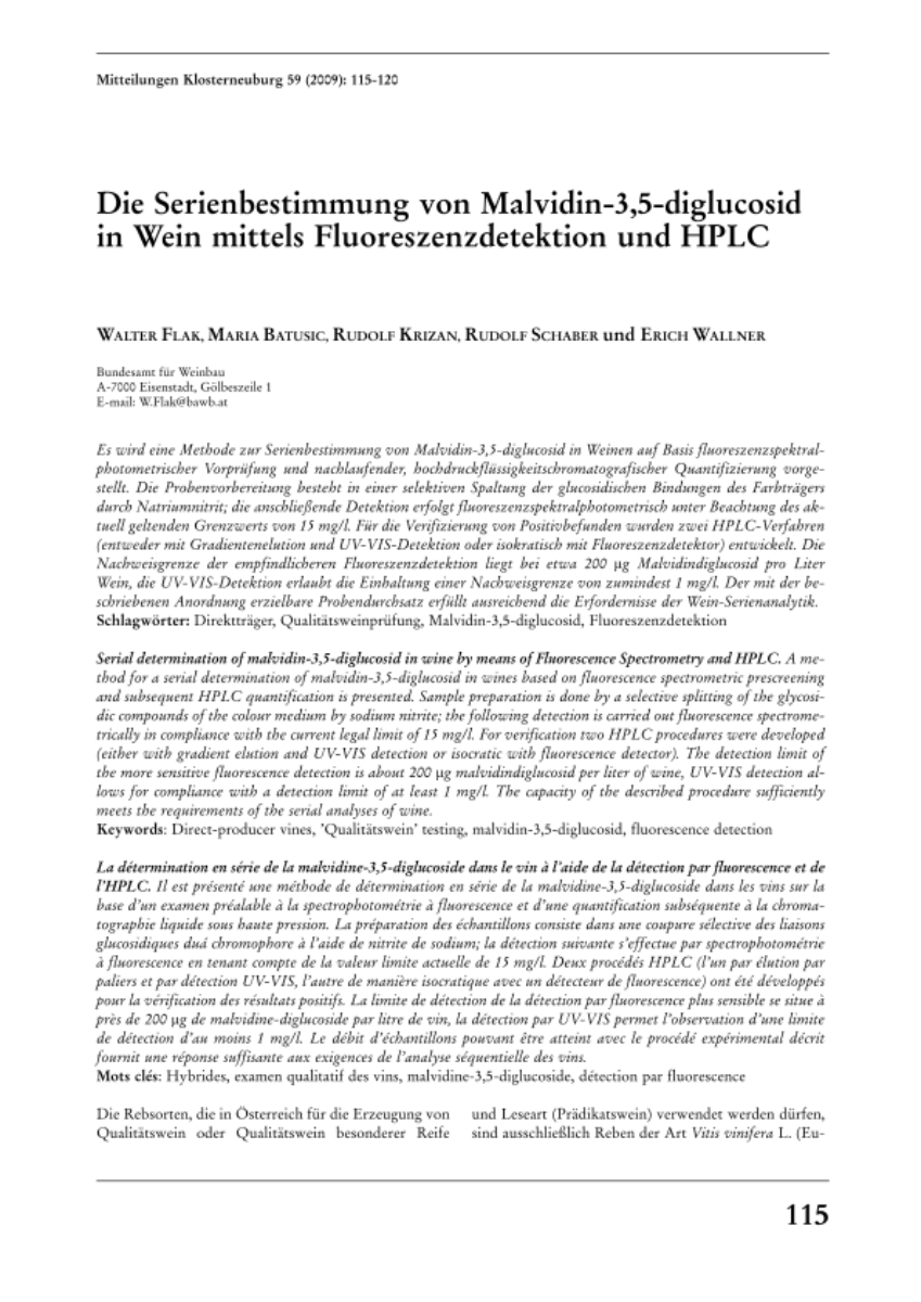 Die Serienbestimmung von Malvidin-3,5-diglucosid in Wein mittels Fluoreszenzdetektion und HPLC