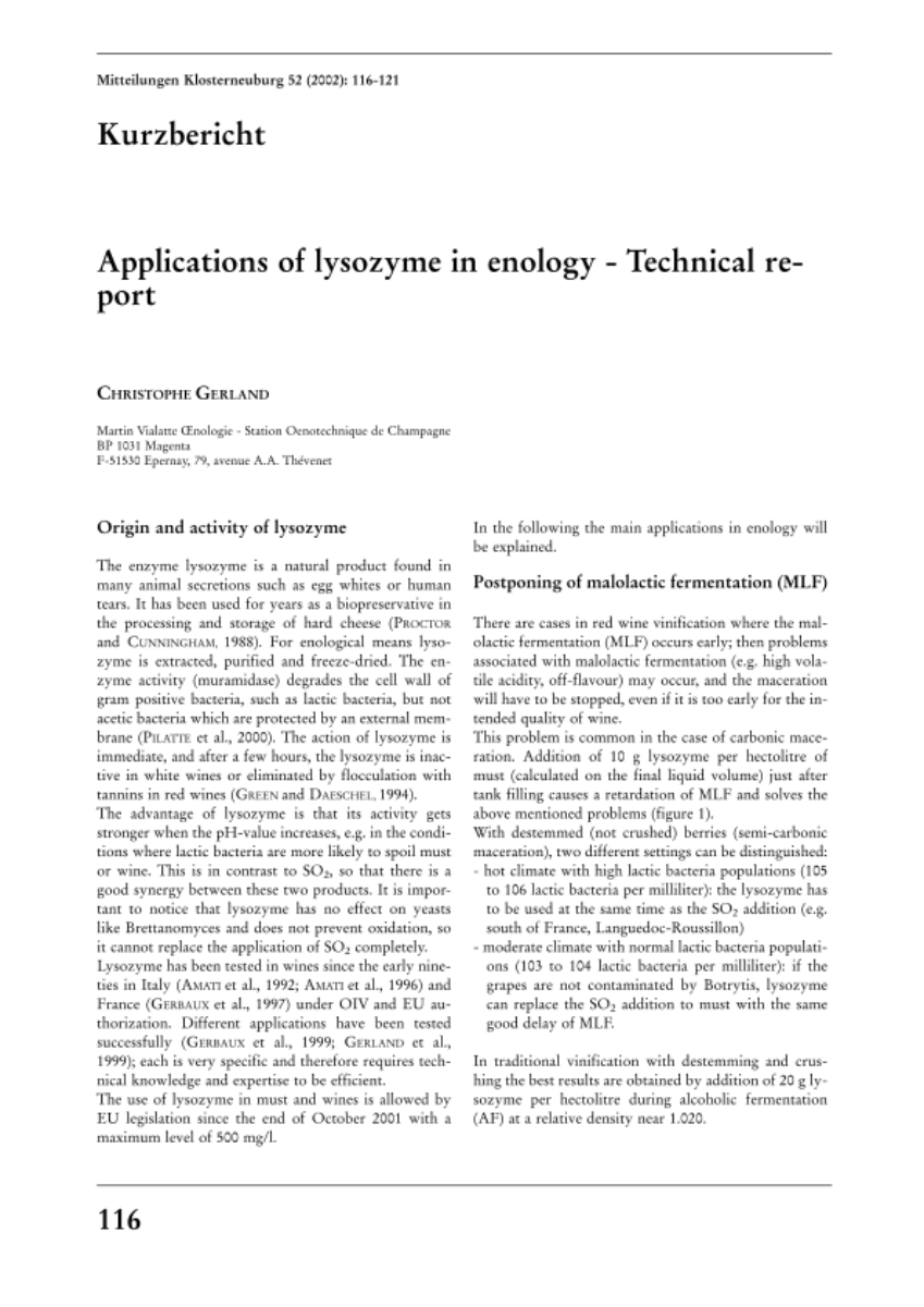 Applications of lysozyme in enology - Technical report