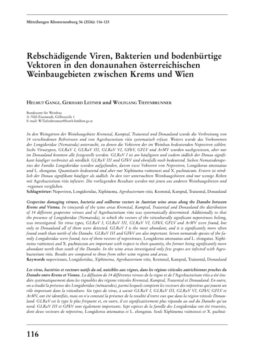 Rebschädigende Viren, Bakterien und bodenbürtige Vektoren in den donaunahen österreichischen Weinbaugebieten zwischen Krems und Wien