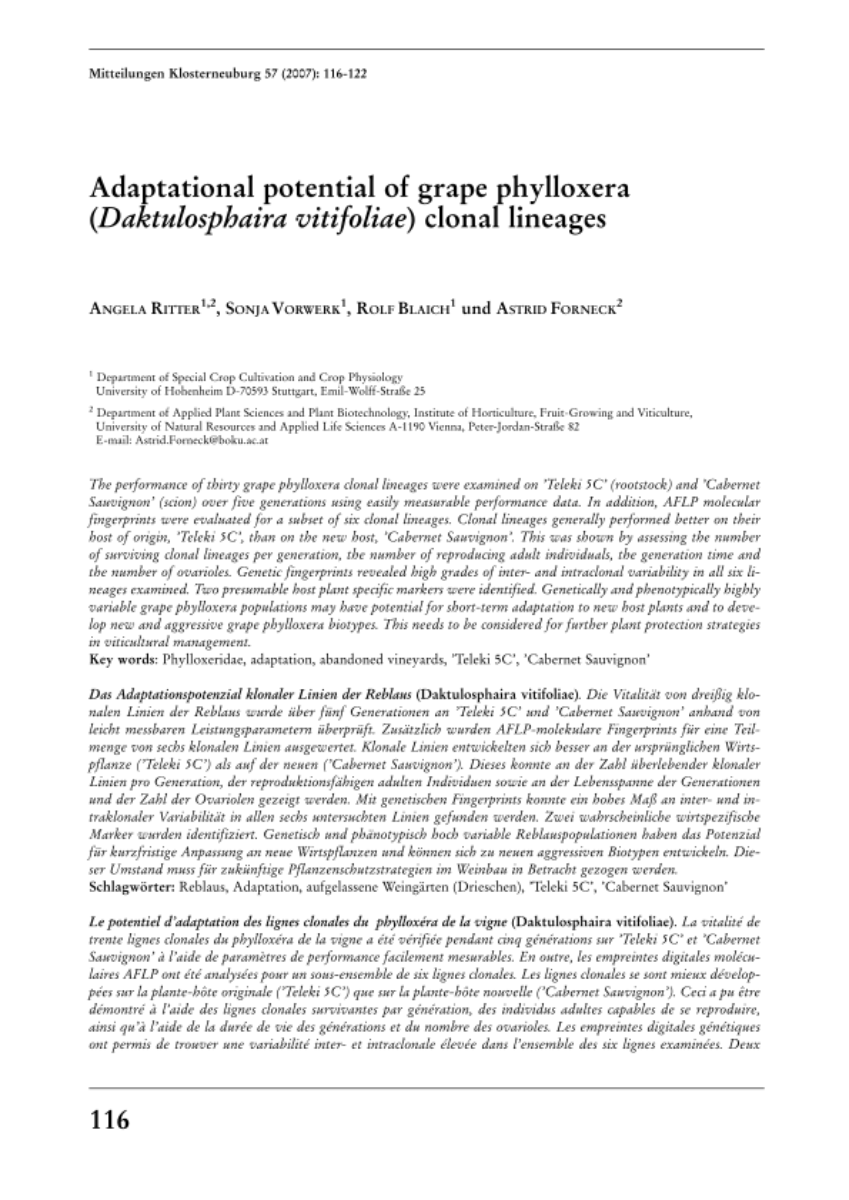 Adaptational potential of grape phylloxera (Daktulospharia vitifoliae) clonal lineages