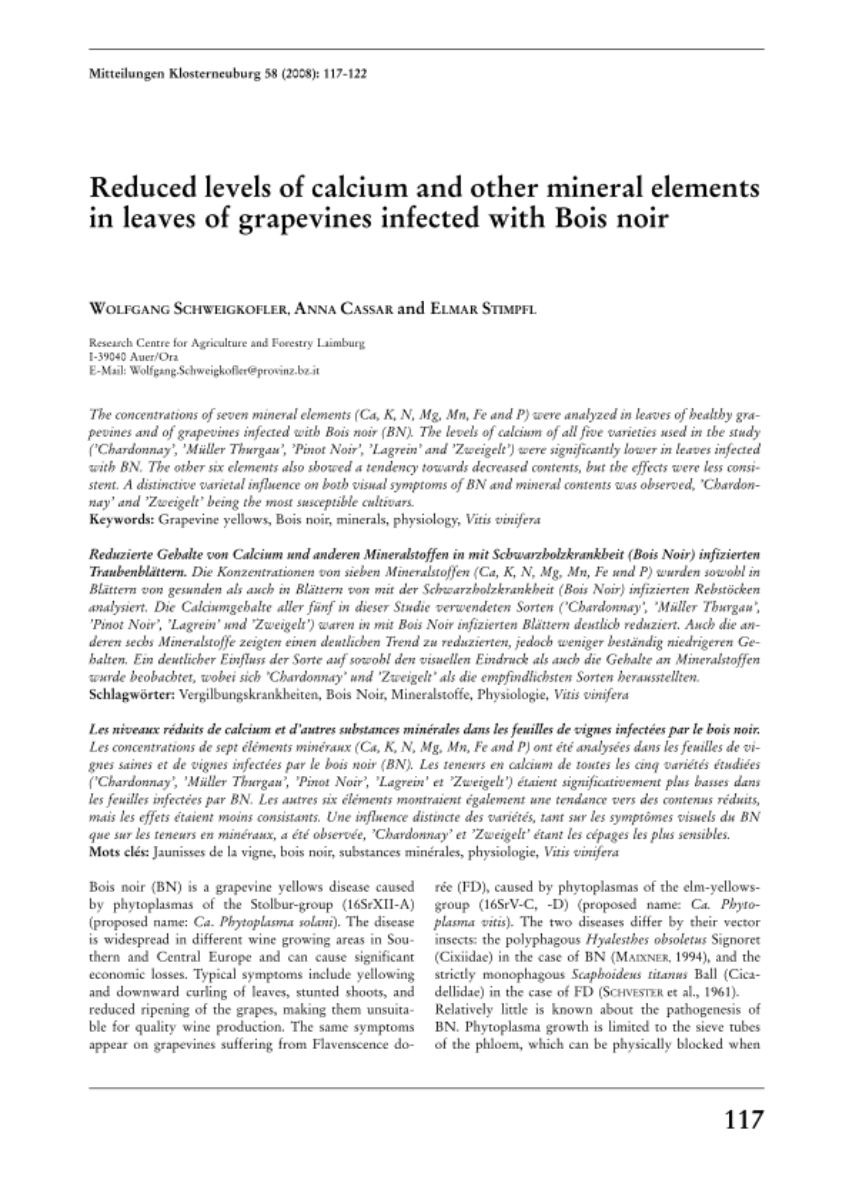 Reduced levels of calcium and other mineral elements in leaves of grapevines infected with Bois noir