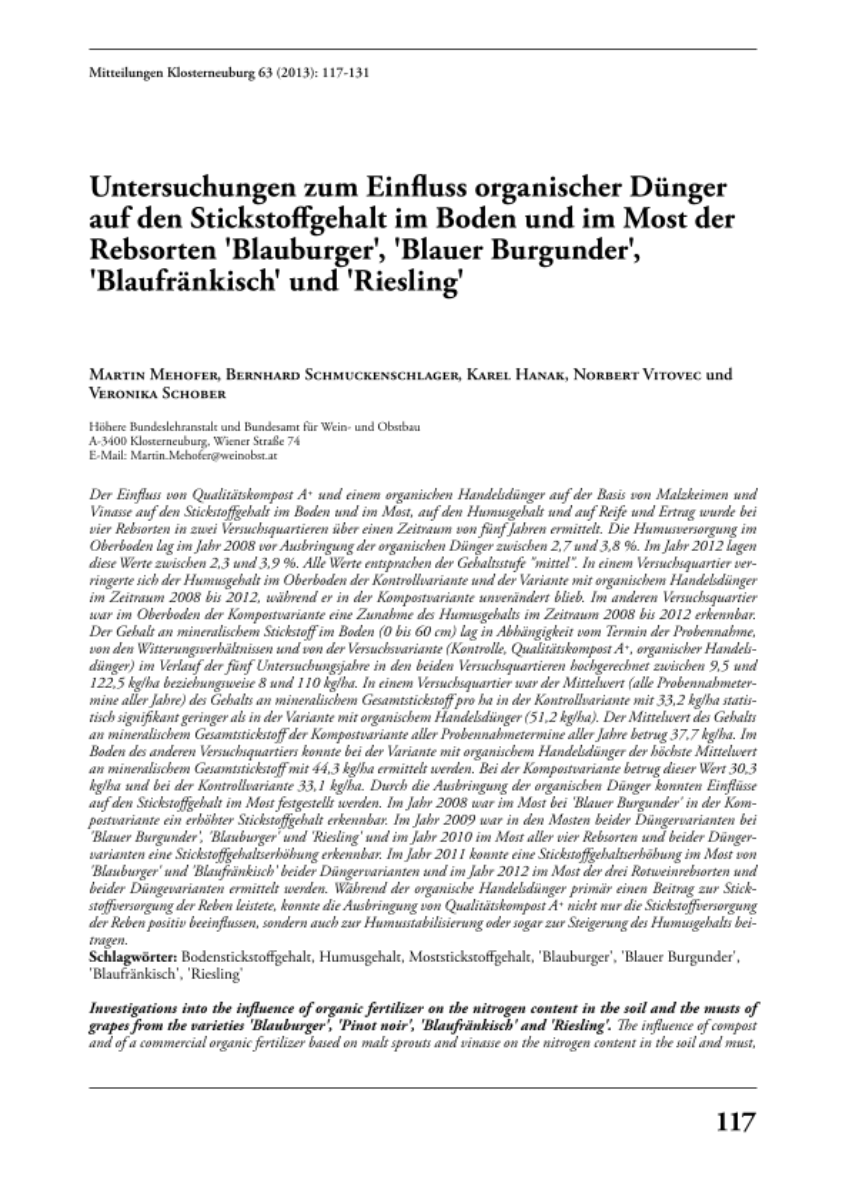 Untersuchungen zum Einfluss organischer Dünger auf den Stickstoff gehalt im Boden und im Most der Rebsorten ‚Blauburger‘, ‚Blauer Burgunder‘, ‚Blaufränkisch‘ und ‚Riesling‘ 