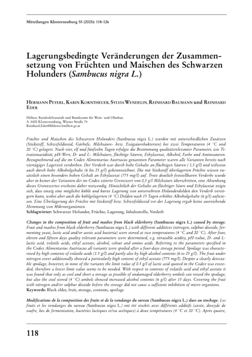 Lagerungsbedingte Veränderungen der Zusammensetzung von Früchten und Maischen des Schwarzen Holunders (Sambucus nigra L.)