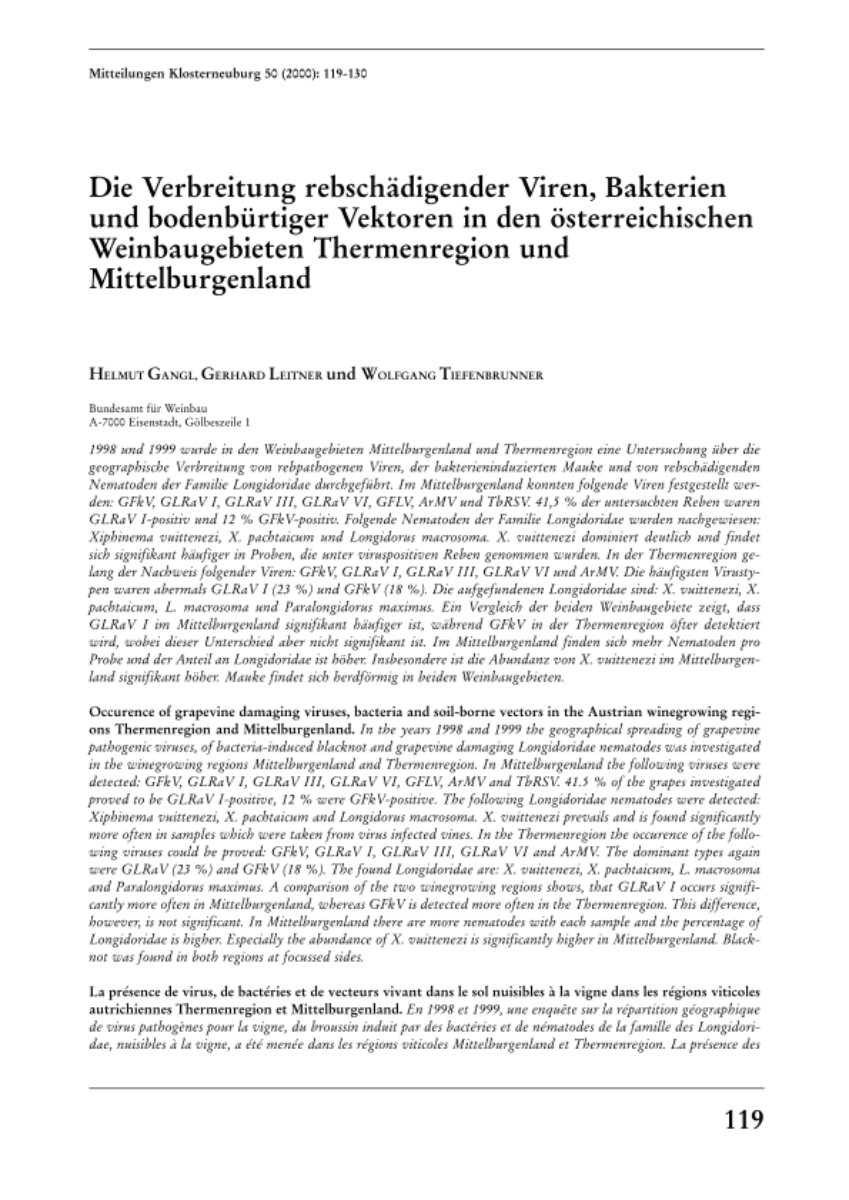 Die Verbreitung rebschädigender Viren, Bakterien und bodenbürtiger Vektoren in den österreichischen Weinbaugebieten Thermenregion und Mittelburgenland