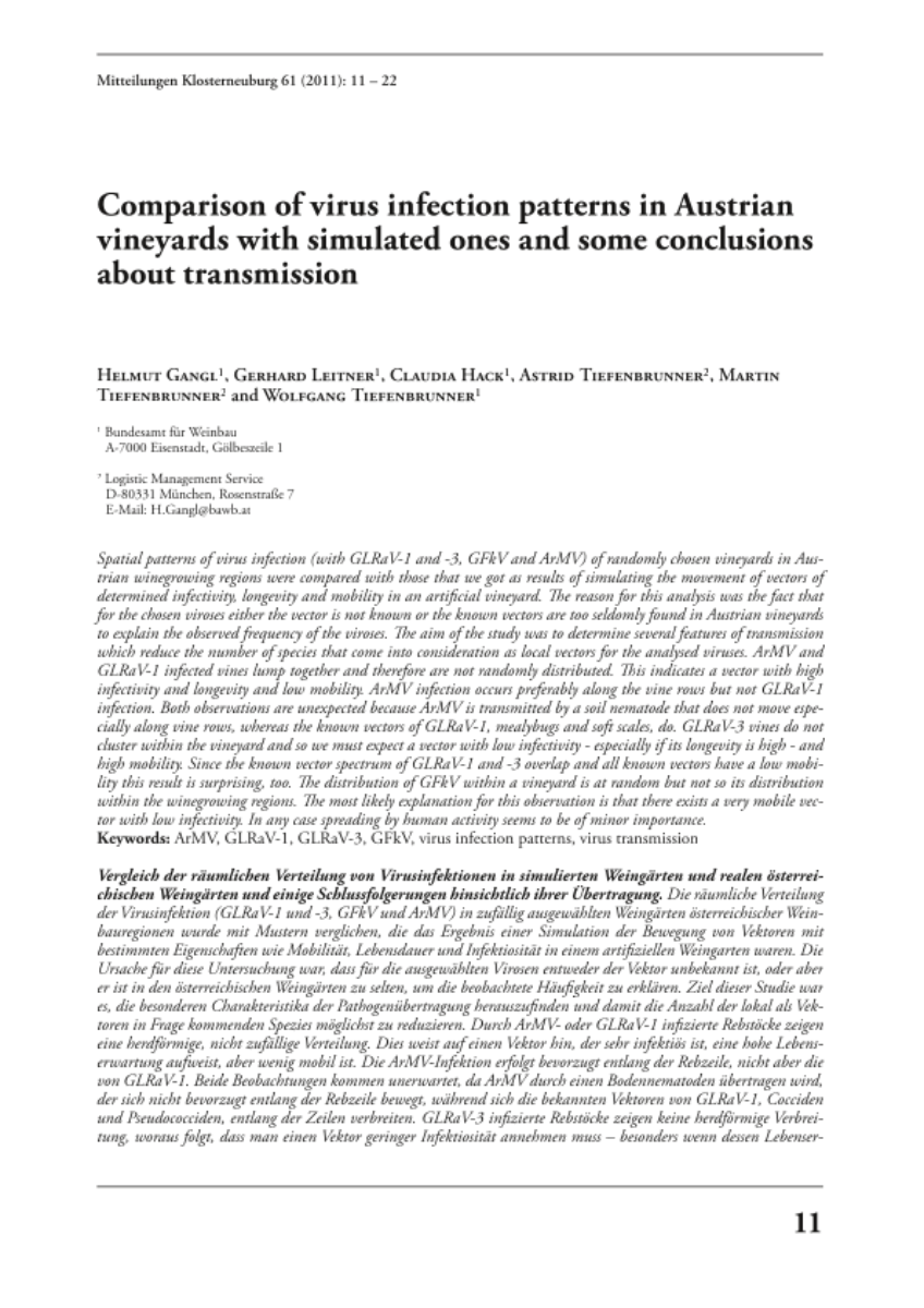 Comparison of virus infection patterns in Austrian vineyards with simulated ones and some conclusions about transmission