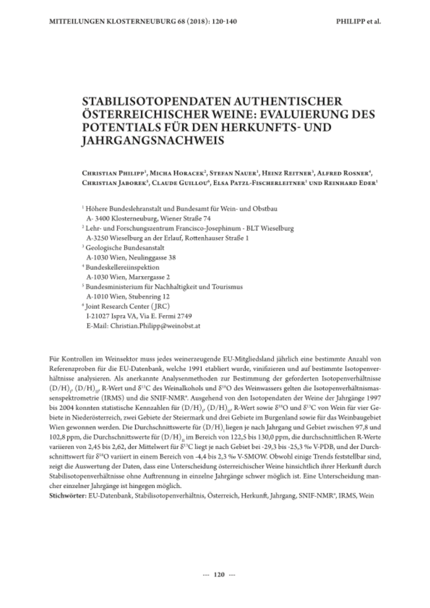 Stabilisotopendaten authentischer österreichischer Weine: Evaluierung des Potentials für den Herkunfts- und Jahrgangsnachweis