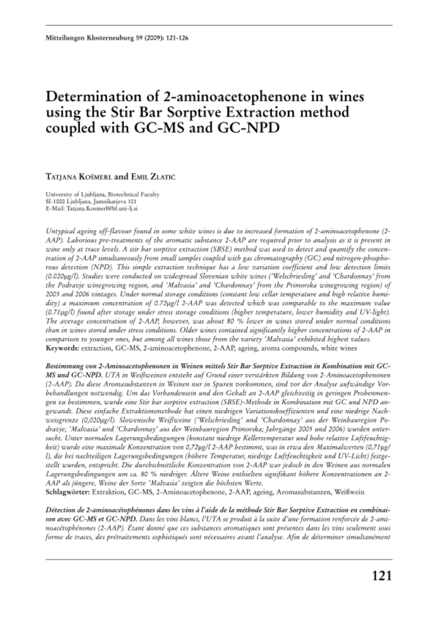 Determination of 2-aminoacetophenone in wines using the Stir Bar Sorptive Extraction method coupled with GC-MS and GC-NPD