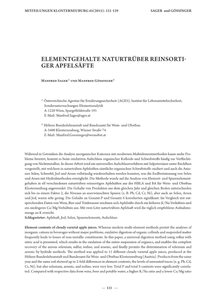 Elementgehalte naturtrüber reinsortiger Apfelsäfte