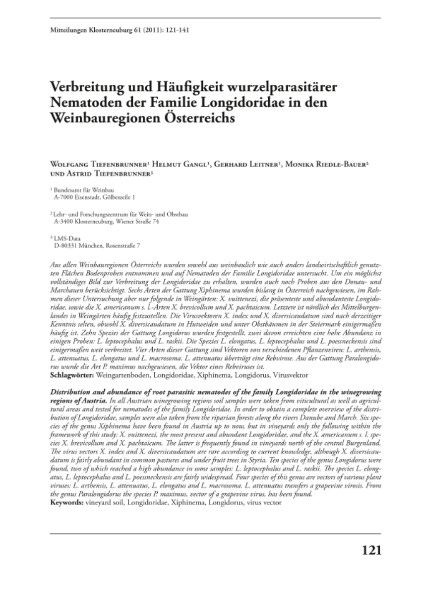 Verbreitung und Häufigkeit wurzelparasitärer Nematoden der Familie Longidoridae in den Weinbauregionen Österreichs