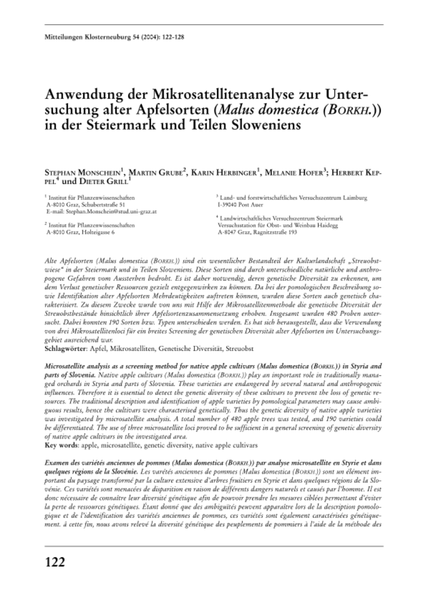 Anwendung der Mikrosatellitenanalyse zur Untersuchung alter Apfelsorten (Malus domestica (Borkh.)) in der Steiermark und Teilen Sloweniens