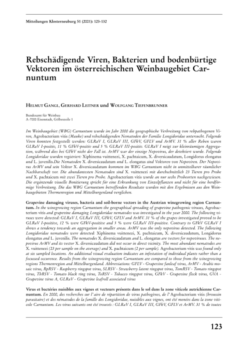 Rebschädigende Viren, Bakterien und bodenbürtige Vektoren im österreichischen Weinbaugebiet Carnuntum