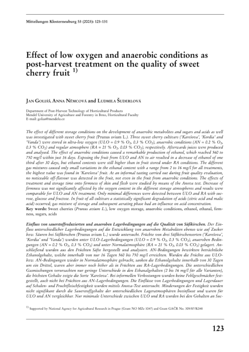 Effect of low oxygen and anaerobic conditions as post-harvest treatment on the quality of sweet cherry fruit