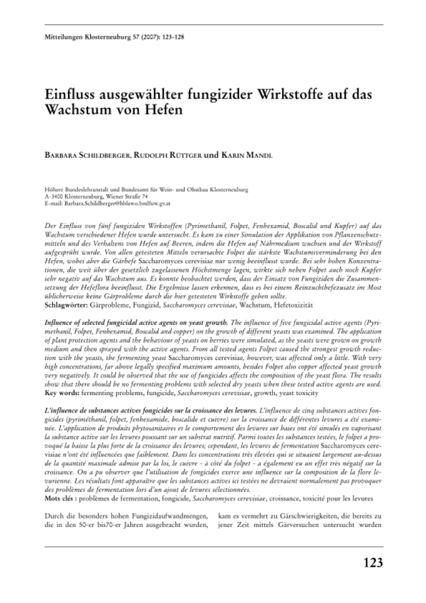 Einfluss ausgewählter fungizider Wirkstoffe auf das Wachstum von Hefen