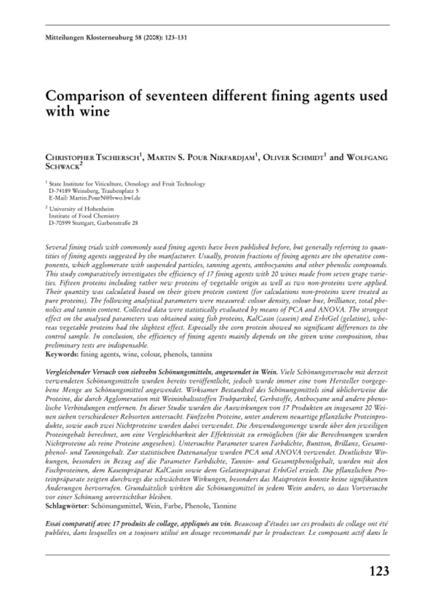 Comparison of seventeen different fining agents used with wine