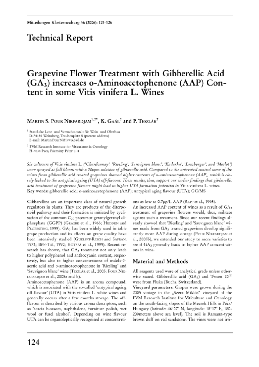 Grapevine Flower Treatment with Gibberellic Acid (GA3) increases o-Aminoacetophenone (AAP) Content in some Vitis vinifera L. Wines