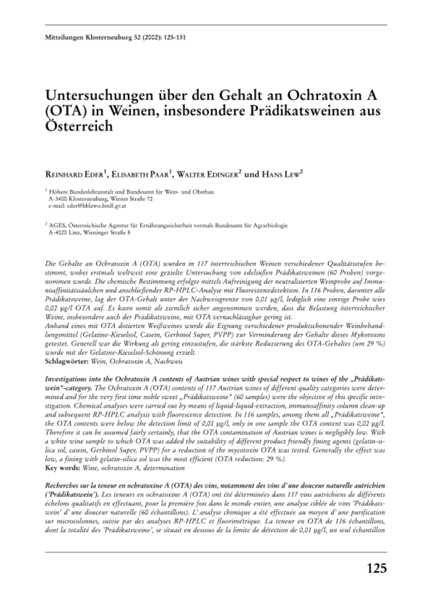 Untersuchungen über den Gehalt an Ochratoxin A (OTA) in Weinen, insbesondere Prädikatsweinen aus Österreich