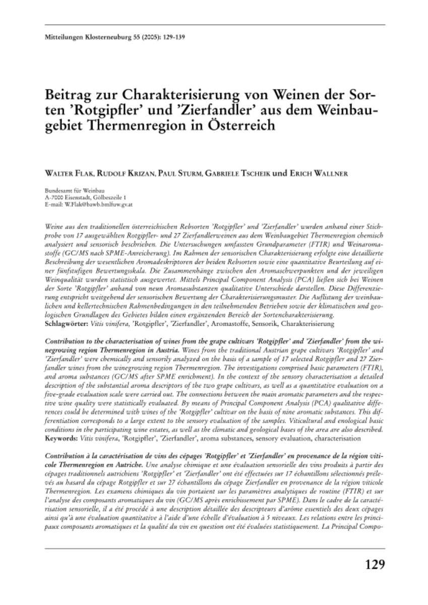 Beitrag zur Charakterisierung von Weinen der Sorten 'Rotgipfler' und 'Zierfandler' aus dem Weinbaugebiet Thermenregion in Österreich