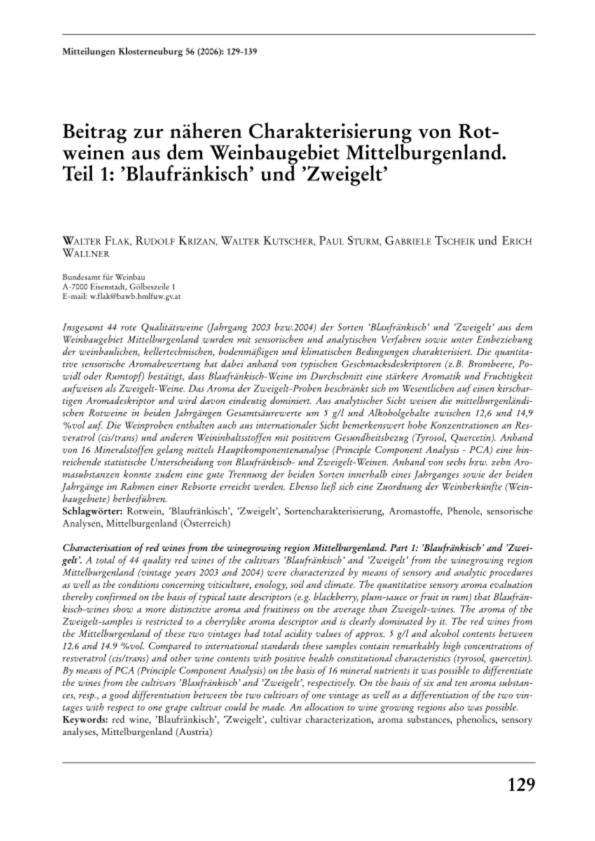 Beitrag zur näheren Charakterisierung von Rotweinen aus dem Weinbaugebiet Mittelburgenland - Teil 1: 'Blaufränkisch ' und 'Zweigelt'