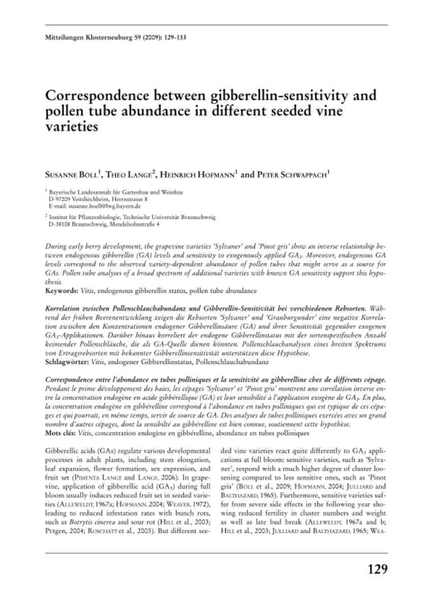 Correspondence between gibberellin-sensitivity and pollen tube abundance in different seeded vine varieties
