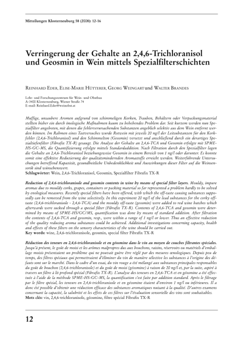 Verringerung der Gehalte an 2,4,6-Trichloranisol und Geosmin in Wein mittels Spezialfilterschichten