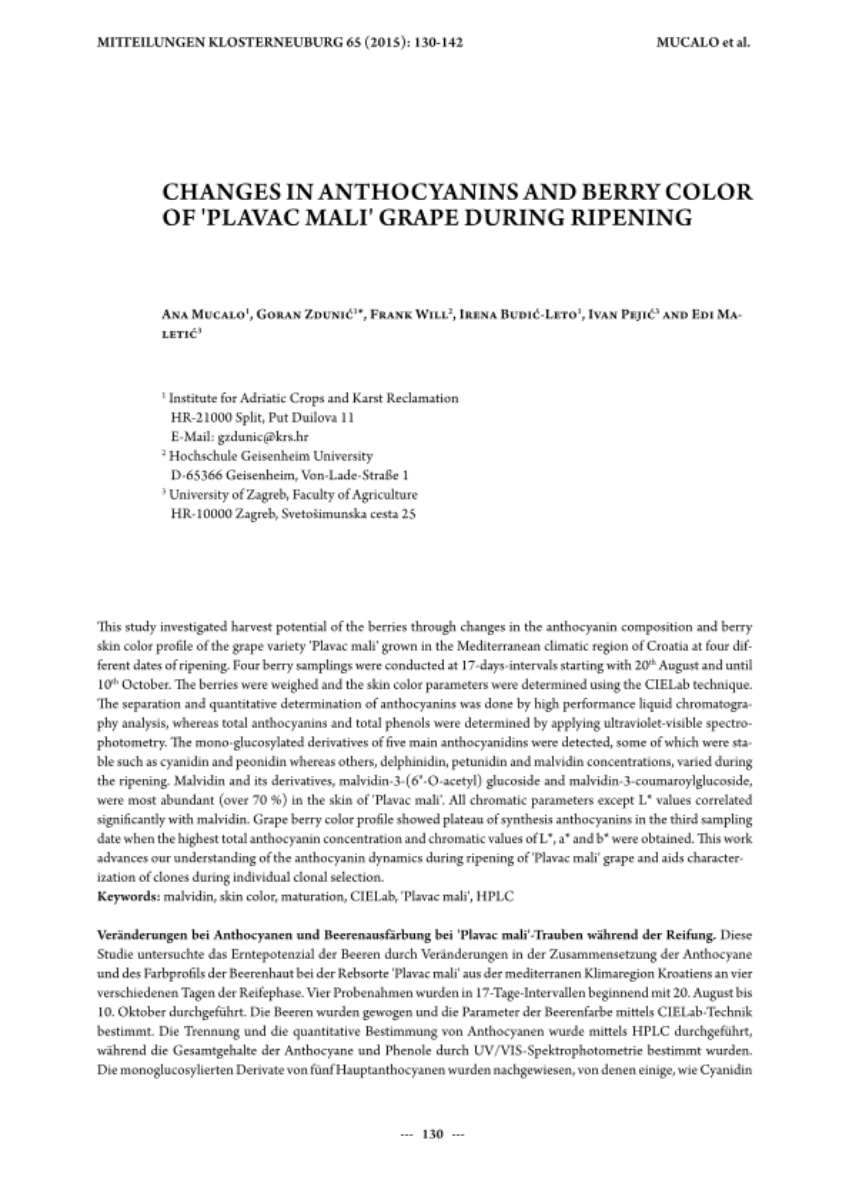 Changes in anthocyanins and berry color of 'Plavac mali' grape during ripening