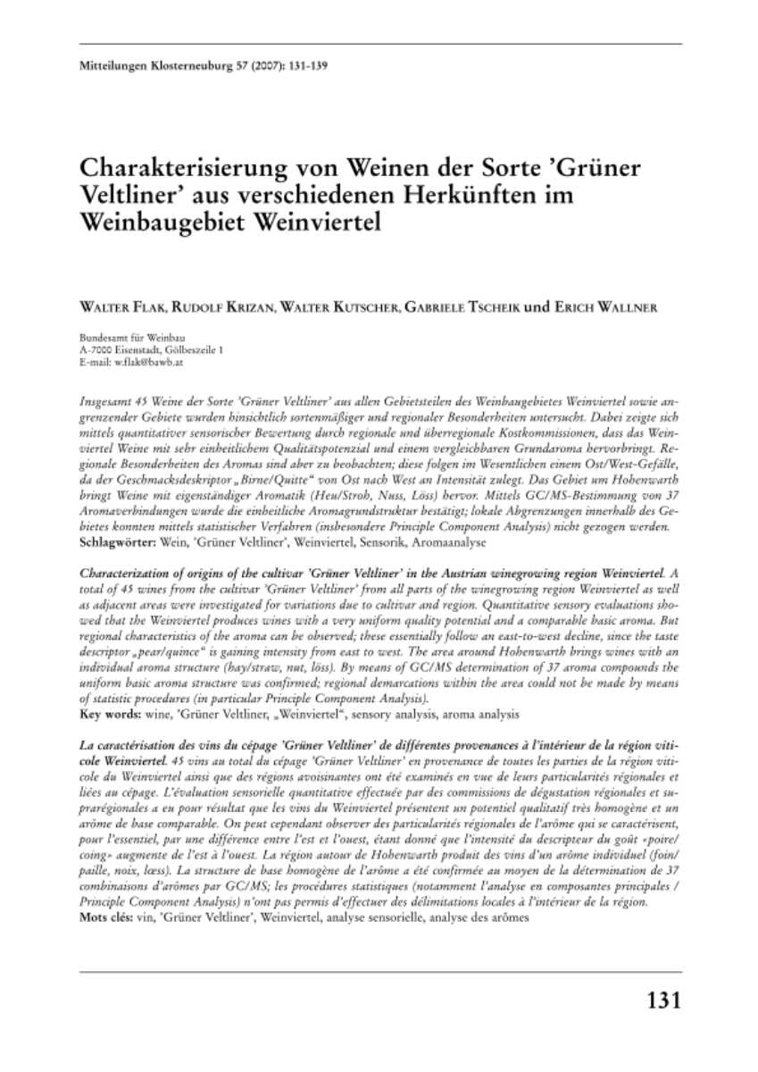 Charakterisierung von Weinen der Sorte Grüner Veltliner aus verschiedenen Herkünften im Weinbaugebiet Weinviertel