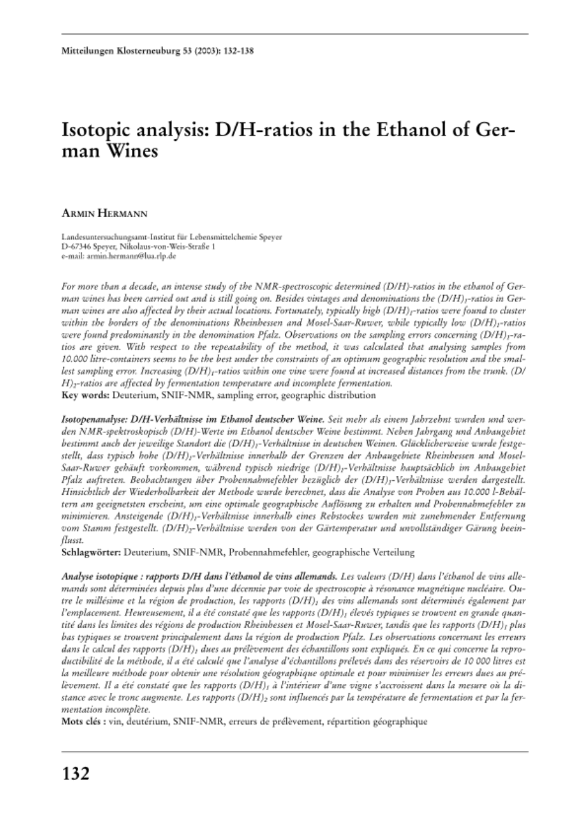 Isotopic analysis: D/H-ratios in the ethanol of German wines