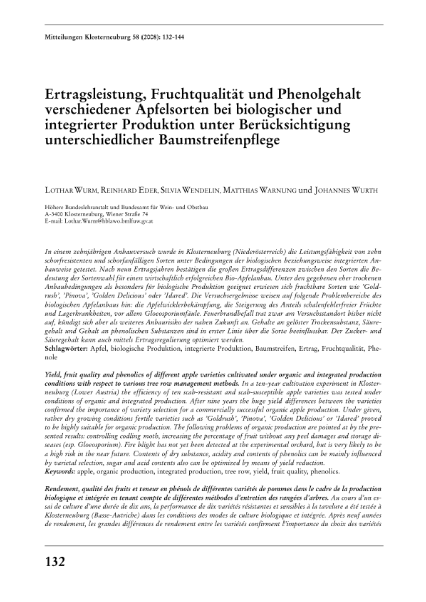 Etragsleistung, Fruchtqualität und Phenolgehalt verschiedener Apfelsorten bei biologischer und integrierter Produktion unter Berücksichtigung unterschiedlicher Baumstreifenpflege