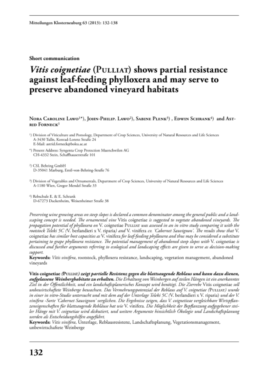 Vitis coignetiae (Pulliat) shows partial resistance against leaf-feeding phylloxera and may serve to preserve abandoned vineyard habitats