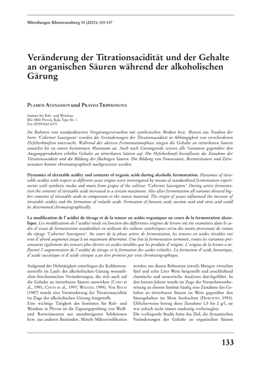 Veränderung der Titrationsacidität und der Gehalte an organischen Säuren während der alkoholischen Gärung