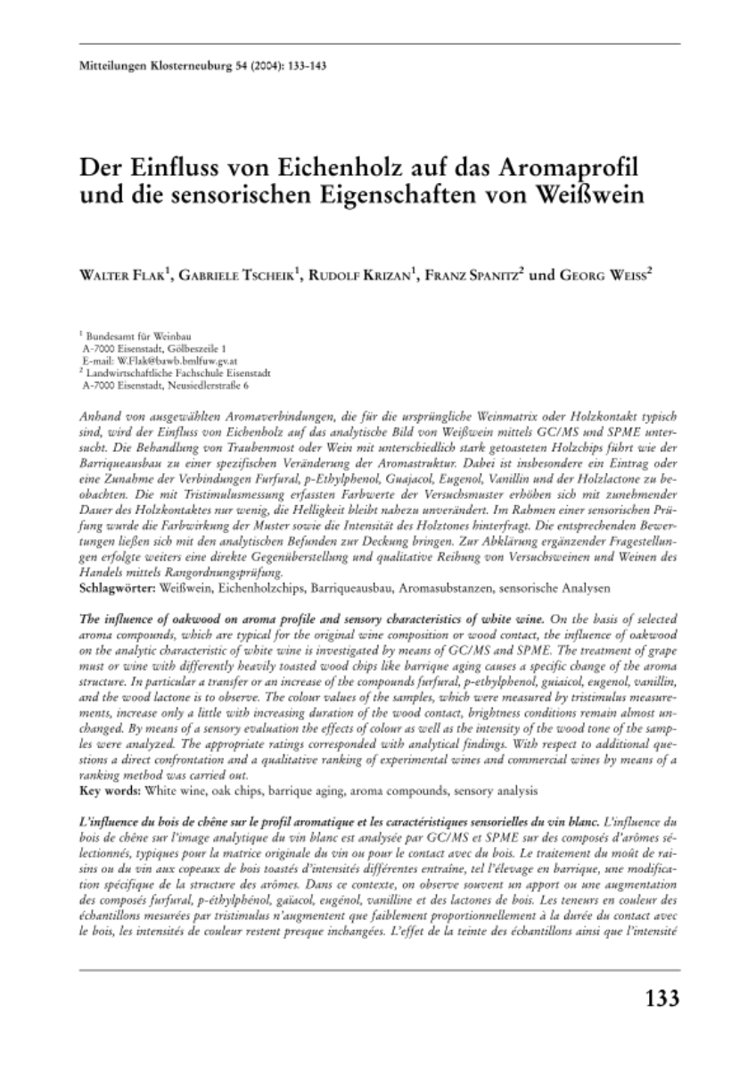 Der Einfluss von Eichenholz auf das Aromaprofil und die sensorischen Eigenschaften von Weißwein